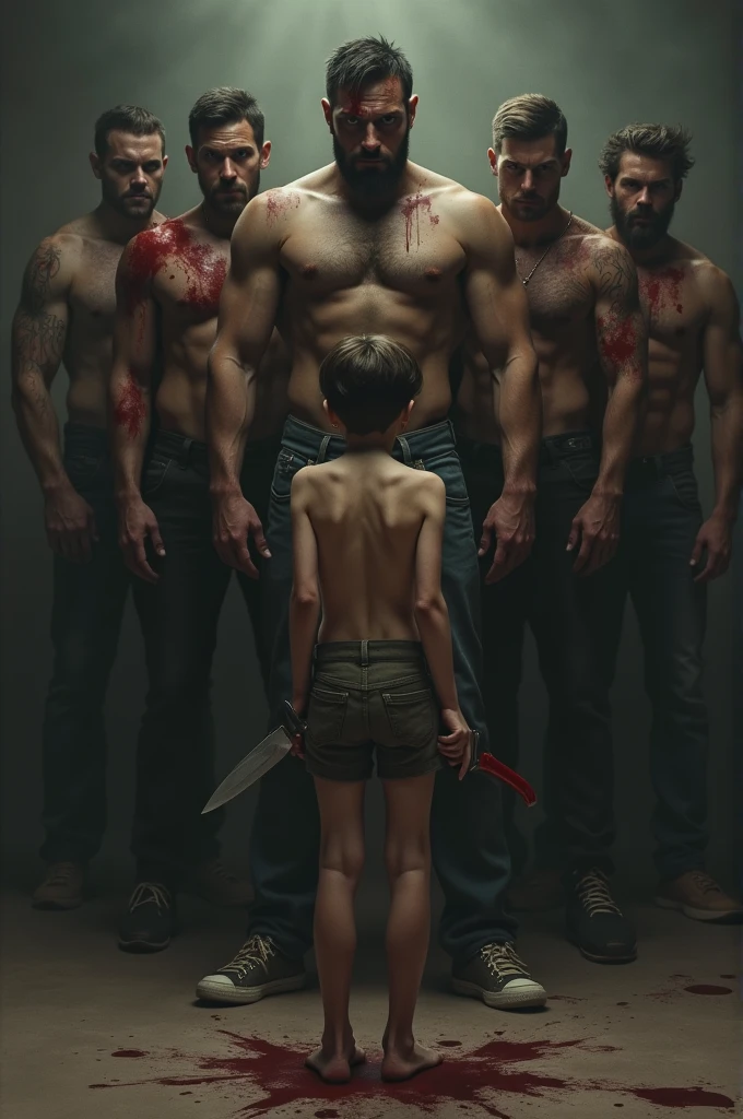 I create an effeminate boy who is in front of four more masculine boys behind him while the effeminate boy has a knife behind his back and the four men have blood on their faces.