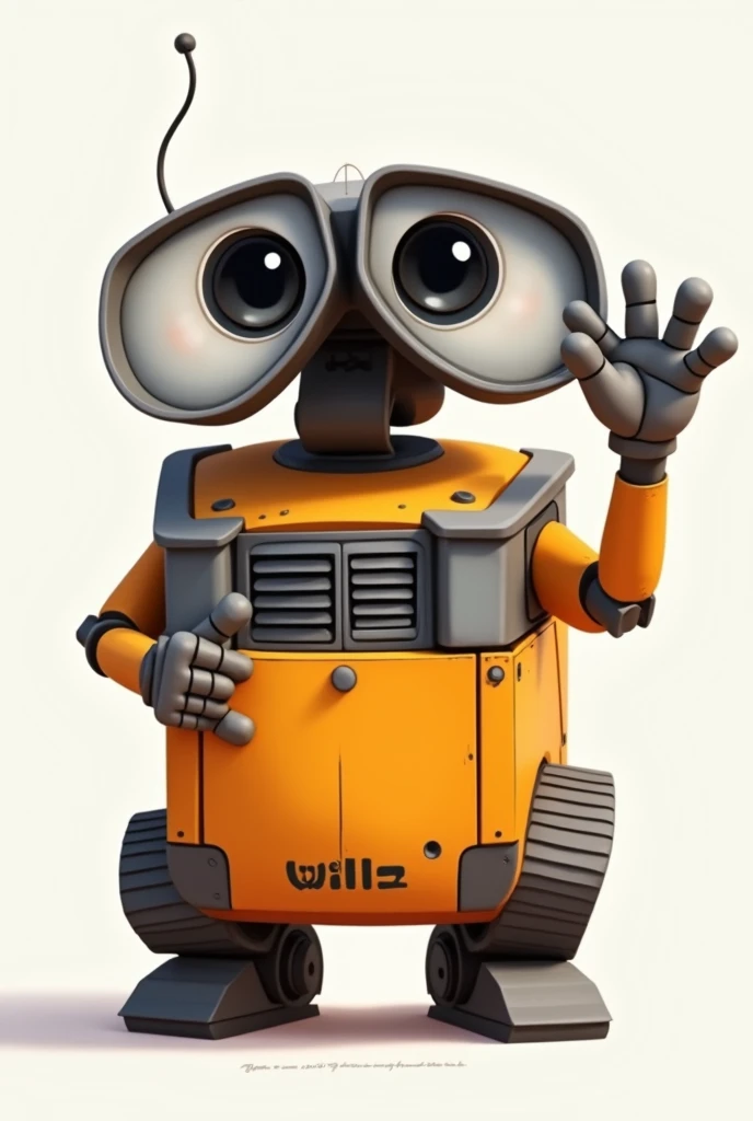 A character based on Disney's Wall E. Predominant Colors, orange, gris, black andwhite. Body color, orange. head, arms and legs, Use neutral colors, gris, black andwhite. Your big eyes, black and white. He has a friendly and cheerful look. In one of your hands he makes the sign of "hang loose", "Call me". One of your eyes is blinking. Your head is square, your ears have an antenna.