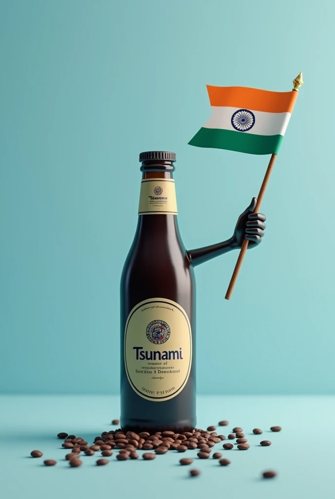 A coffee craftfry bottle with has round logo in middle named Tsunami. holding an Indian flag in hand for Independence Day With sky blue tone