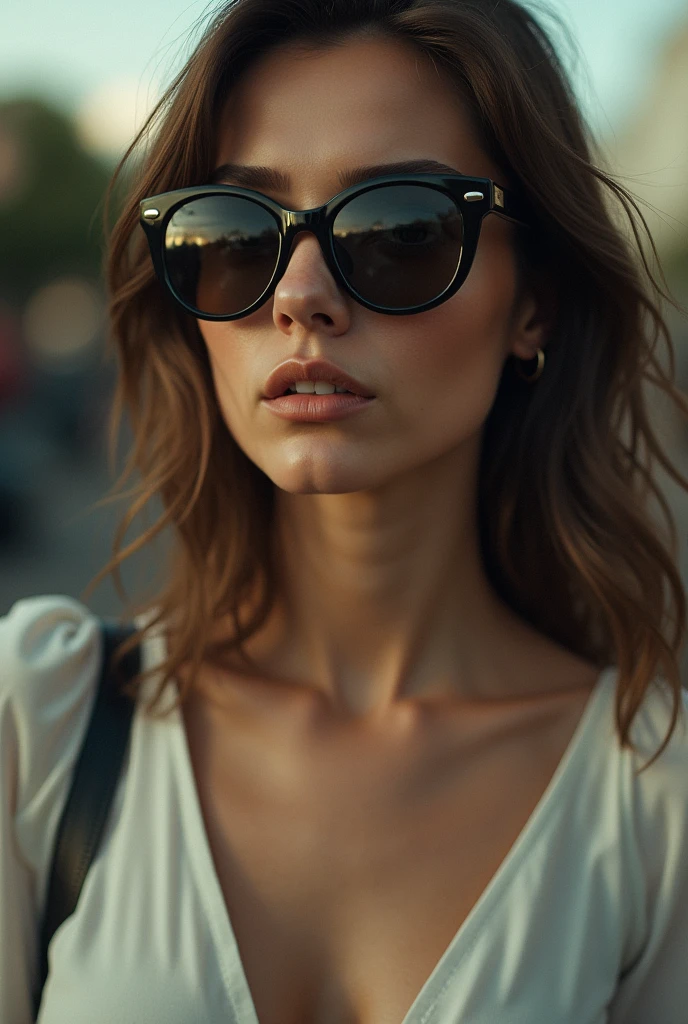 The model is wearing glass sunglasses, and she has pissed her pants