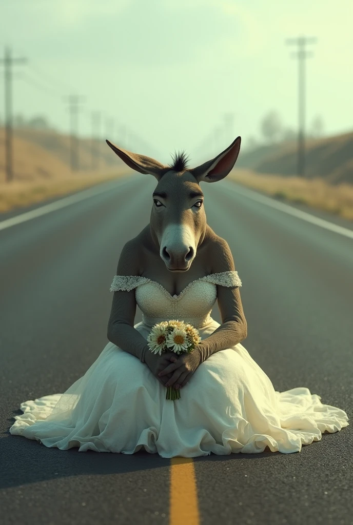 Create an image of Shrek's Donkey wearing a wedding dress, and with a wedding bouquet in his hand. That he is sitting on an empty highway, That he is sad, as if the wedding had been canceled.