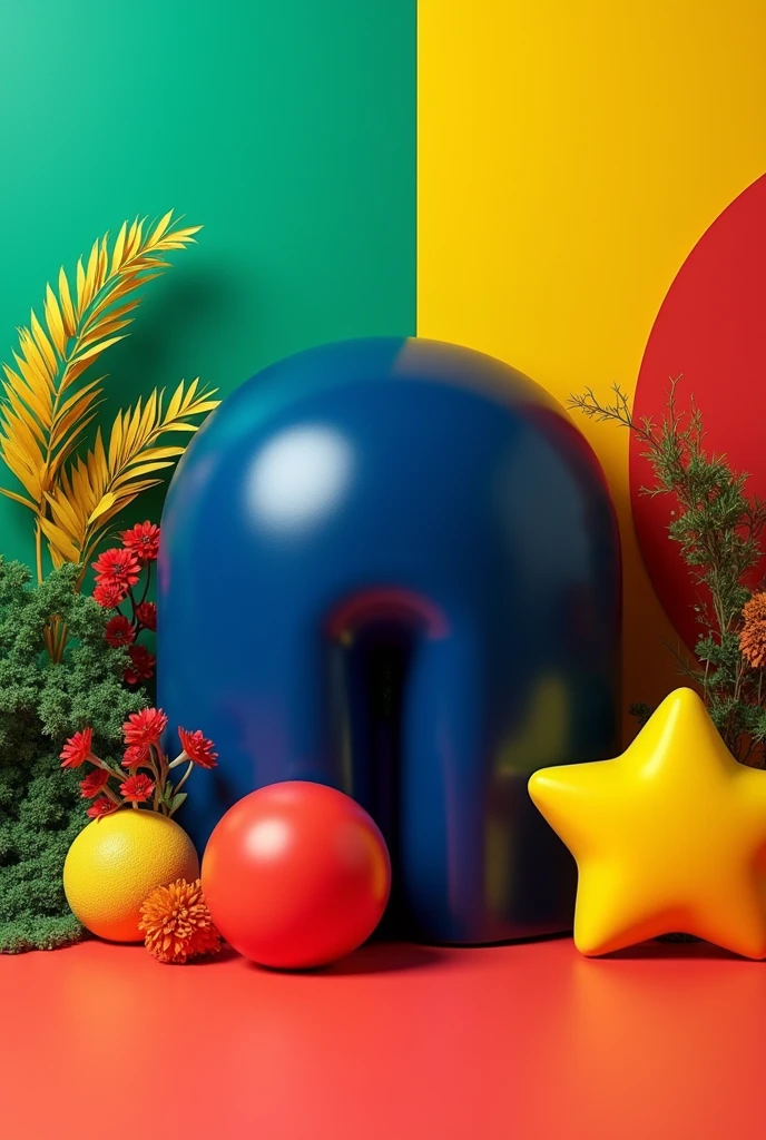 A navy blue party decoration, strong green, yellow and red 