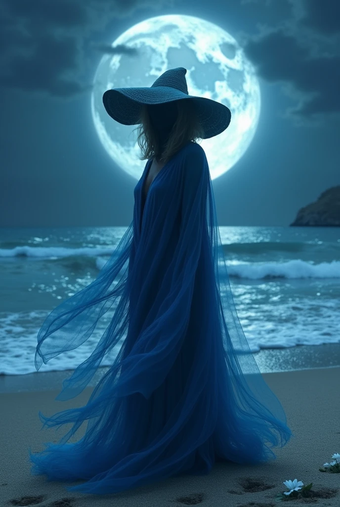  A faceless gypsy with a hat, wearing blue clothes, on the beach at night under the moonlight and flowers.