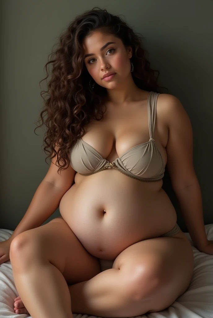 A brunette girl with curly hair and big breasts sits with her legs stretched out, taking a realistic photo