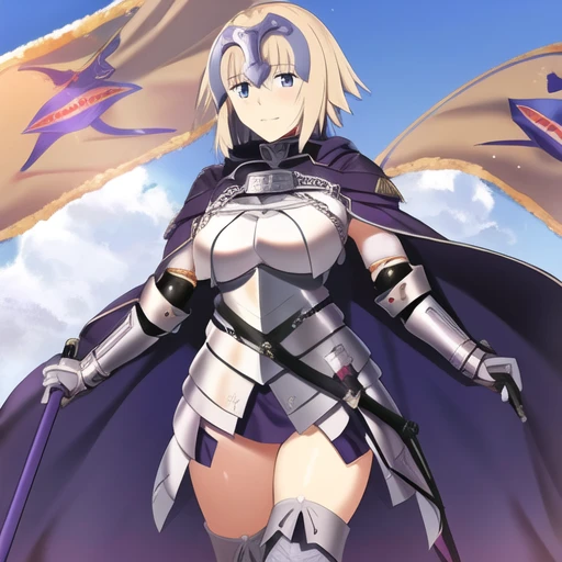 masterpiece, best quality, 1girl, jeanne d'arc (fate), jeanne d'arc (ruler) (fate), armor, armored dress, cape, cloak