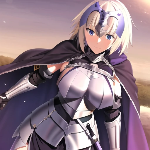 masterpiece, best quality, 1girl, jeanne d'arc (fate), jeanne d'arc (ruler) (fate), armor, armored dress, cape, cloak