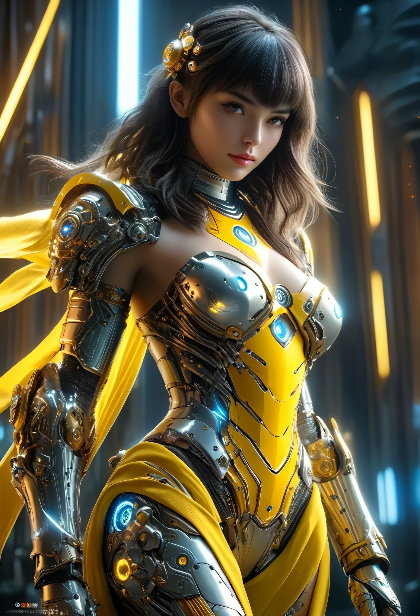 (Best Quality, 4K, 8K, High Resolution, Masterpiece: 1.2), (Super Detailed, Realistic, Photorealistic:1.37), A woman in futuristic clothing, (erotic and sexy:1.4), Trending on cgstation, Trending on cgstation, (Portrait of a girl in the Knights of the Zodiac:1.4), (blunt bangs:1.7), Cute Cyborg Girl, Perfect android girl, Portrait Astronaut Girl, Beautiful girl cyborg, Girl wearing yellow mechanical cyber armor, Game CG, cgsociety and fenghua zhong, Beautiful Cyborg Shrine Maiden, Bioluminescence, (Gal Gadot:0.6), Anatomically correct grip, Anatomically correct four fingers and one thumb, (long claws:1.4), erotic and sexy, A gorgeous cape with beautifully detailed embroidery, energy ball