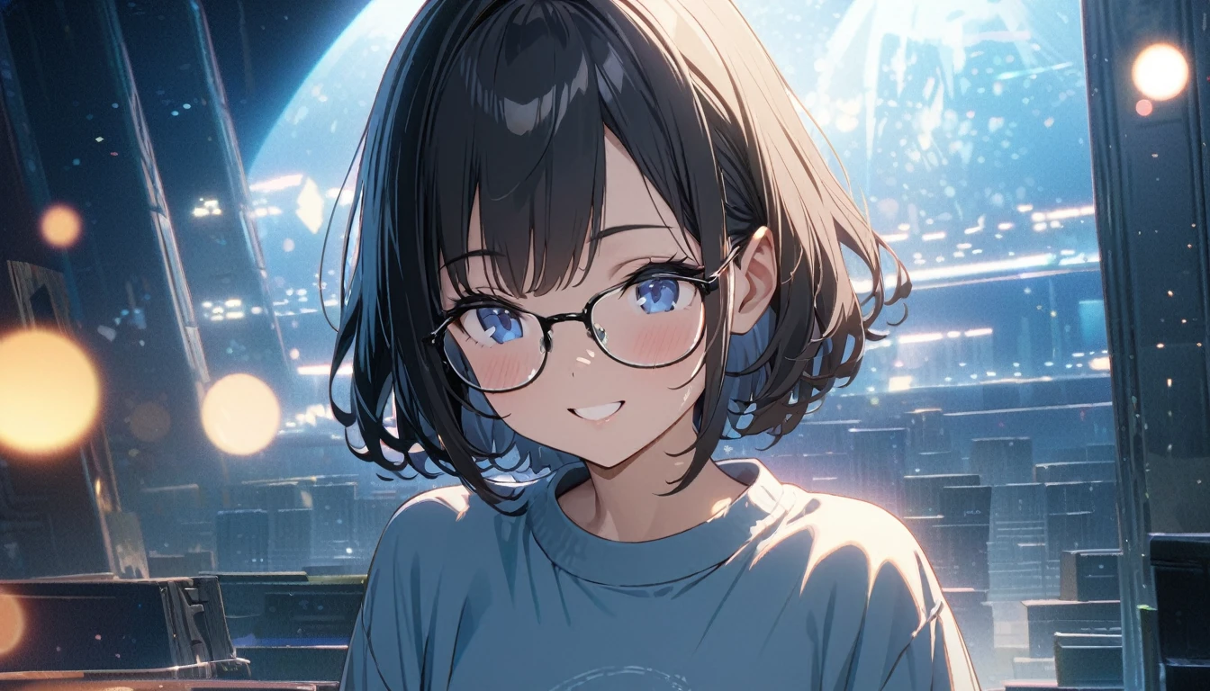 ((ultra-detailed))/(one women with short black hair and bob hair.、beautiful blue eyes,.、smile、gentle smile on her face、flat chest, one Beautiful girl,((masterpiece, illustration, best quality) ((ultra-detailed))/),「In a quiet library at night,The character with glasses, wearing a sweatshirt 。,濃い青とBeautiful Blueのグラデーション, High resolution, 8K HD detail, hyper-detail, cinematic, surrealism, soft light, deep field focus bokeh, ray tracing and surrealism. --v6'