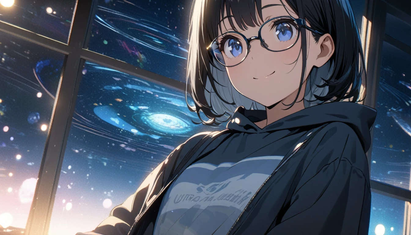 ((ultra-detailed))/(one women with short black hair and bob hair.、beautiful blue eyes,.、smile、gentle smile on her face、flat chest, one Beautiful girl,((masterpiece, illustration, best quality) ((ultra-detailed))/),「In a quiet library at night,The character with glasses, wearing a sweatshirt 。,濃い青とBeautiful Blueのグラデーション, High resolution, 8K HD detail, hyper-detail, cinematic, surrealism, soft light, deep field focus bokeh, ray tracing and surrealism. --v6'