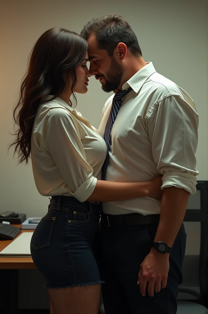 (fictional) A passionate couple in a modern office setting, engaging in an intense and intimate act on a sleek glass office desk. The female is depicted with captivating, detailed eyes and full, luscious lips. The male possesses a strong, muscular physique, portraying raw desire. The lighting is dim, casting subtle shadows, creating an aura of secrecy and excitement. The image quality is of the highest standard, with a 4k resolution, bringing out every intricate detail and adding depth to the scene. The artwork is created using a mixture of digital rendering and professional photography, resulting in a stunning hyper-realistic composition. The provocative nature of the scene is accentuated by a blurred, dreamlike ambiance, emphasizing the sensory experience. The color palette is rich and vibrant, showcasing deep hues and contrasting tones, enhancing the intensity of the moment. The office environment is hinted at, with modern office equipment and furniture subtly visible in the background, adding a touch of realism. The overall atmosphere is one of passion and forbidden desire, making this artwork an alluring and evocative masterpiece.