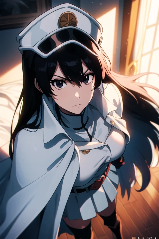 bambietta, bambietta basterbine, long hair, black hair, (black eyes:1.5), (medium breast:1.2),
BREAK skirt, gloves, boots, belt, cape, cloak, white cloak, hat, cap,
BREAK looking at viewer,
BREAK (masterpiece:1.2), best quality, high resolution, unity 8k wallpaper, (illustration:0.8), (beautiful detailed eyes:1.6), extremely detailed face, perfect lighting, extremely detailed CG, (perfect hands, perfect anatomy), bedroom