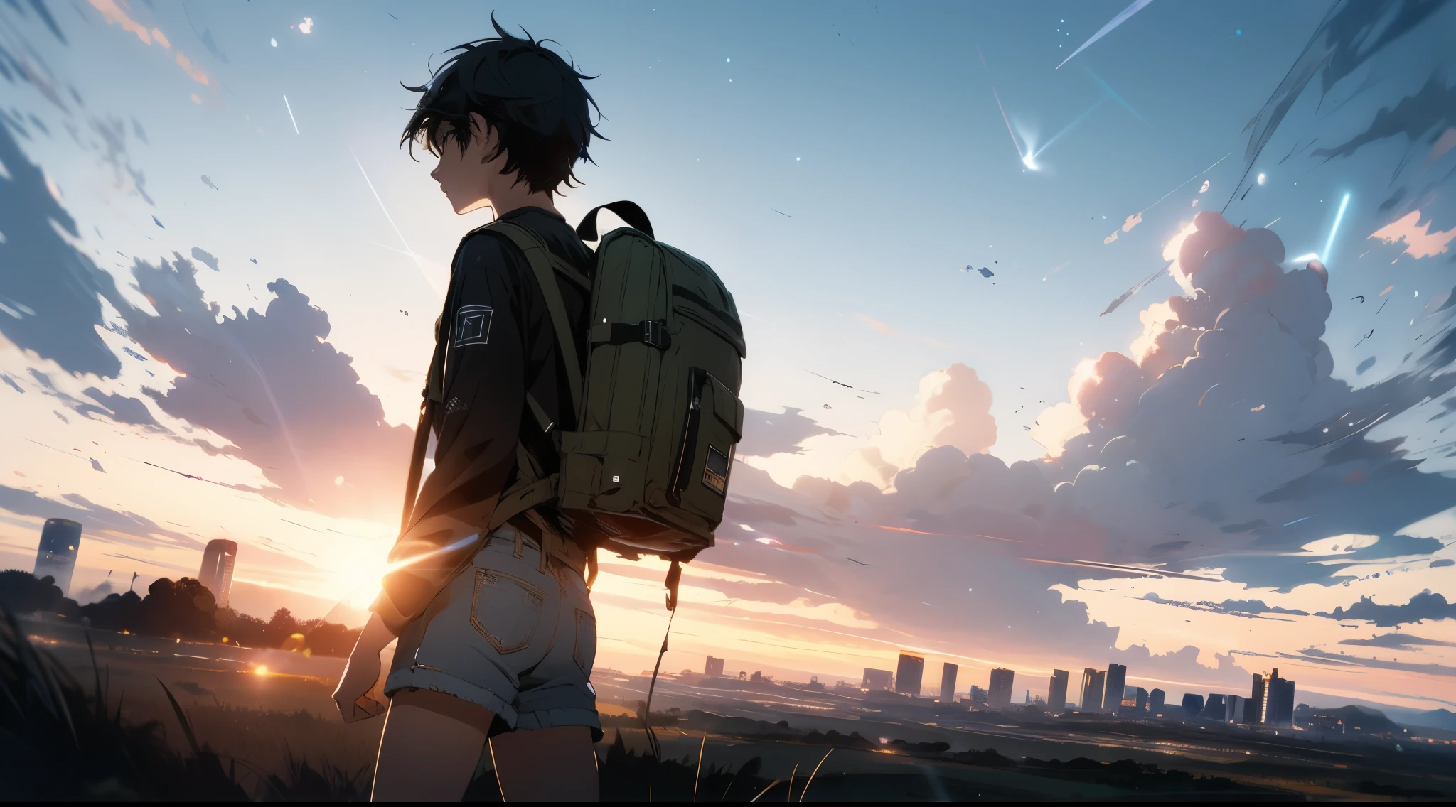 The vast sky, beautiful skyline, large grasslands, extremely tense and dramatic pictures, moving visual effects, the high-hanging Polaris, and colorful natural light. Long-sleeved top, denim shorts, and a boy with a backpack.