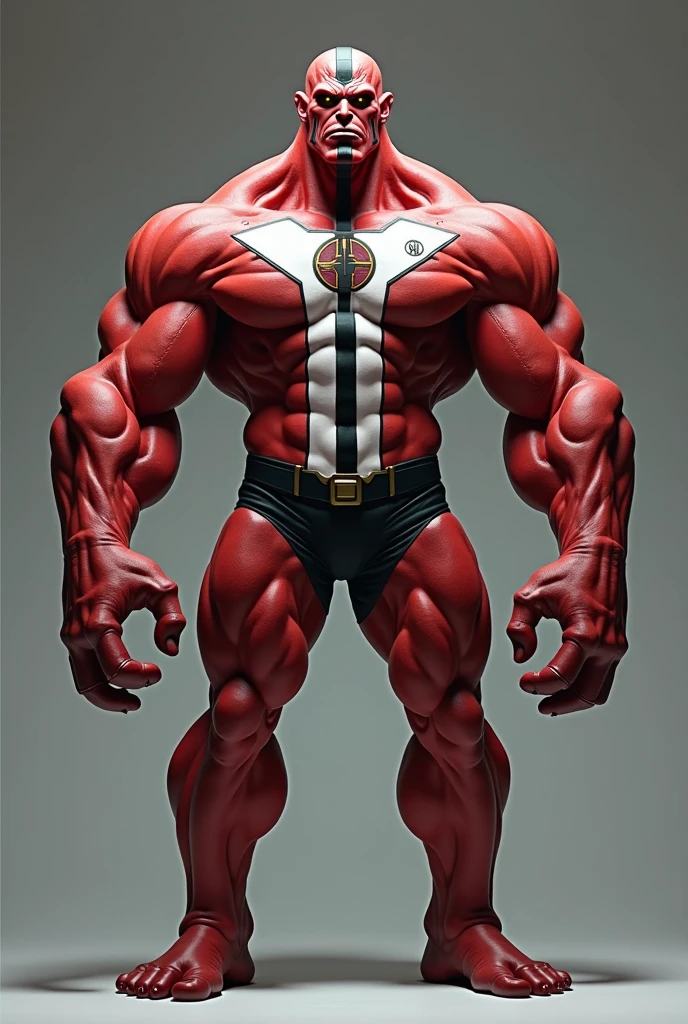 Four Arms is a humanoid alien who is about 3,70 metro de altura,[Note:] He has powerful muscles, two pairs of four-fingered arms and well-developed red skin. The black stripe goes from his chin to his lower lip, He has four eyes: One main pair and a smaller pair below them. In the original series, Four Arms wears a white suit with a black line following down, Black pants and fingerless gloves. He wears the Omnitrix symbol on his upper left shoulder. His eyes are yellow and he has no hair.