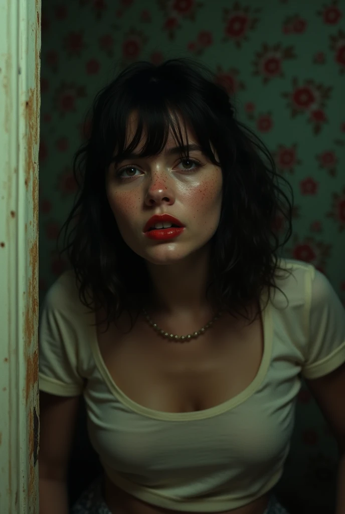 70s setting, grainy film, ultra-detailed, realistic, wallpaper, disheveled, trembles, cornered, hard breath, bob cut, sexual tension, loosing control, sexy despair, sweat, desperation, tremor, t-shirt, void, abstract, freckles, red lips, noir