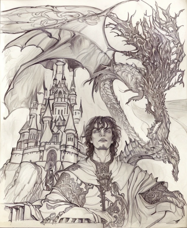 drawing of a castle with a dragon and a man with a sword, lucid dream sketch, inspired by Jan Toorop, fantasy drawing, Scary Castle)). mystical, Scary Castle). mystical, based on Syd Barrett, inspired by Samuel Hieronymus Grimm, inspired by Dorothy Lockwood, fan art, inspired by William Bull, inspired by Santiago Caruso
