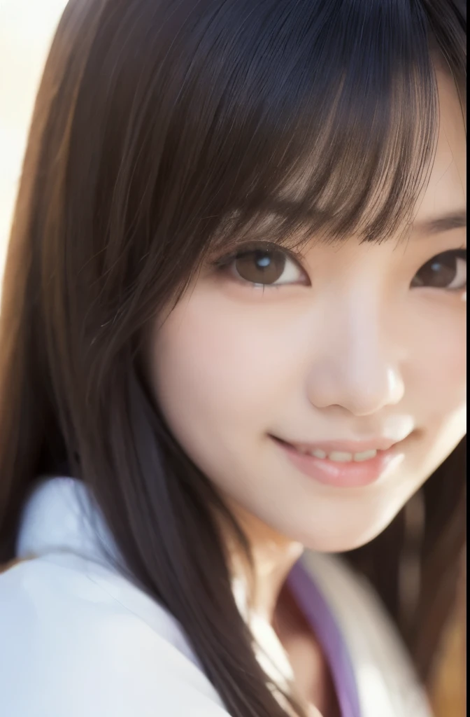 best quality, face focus, soft light, ultra high res, (photorealistic:1.4), RAW photo,(Shinozaki Ai), white skin, kawaii, 1 Japanese girl, solo, cute, (smile), (pupil, lights in the eyes),  detailed beautiful face, Medium-sized breasts,(high resolution detail of human skin texture),(long hair),(portrait), upper body, white traditional kimono