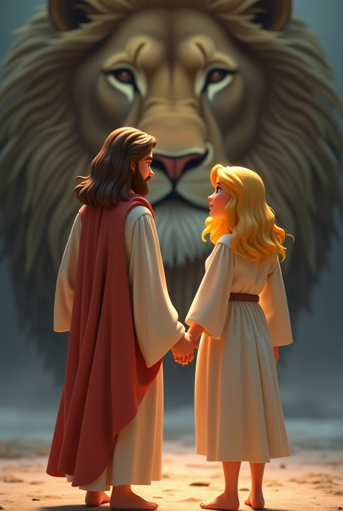 Jesus holding hands with a blonde woman, medium hair, chubby, on their backs with the face of a lion behind them