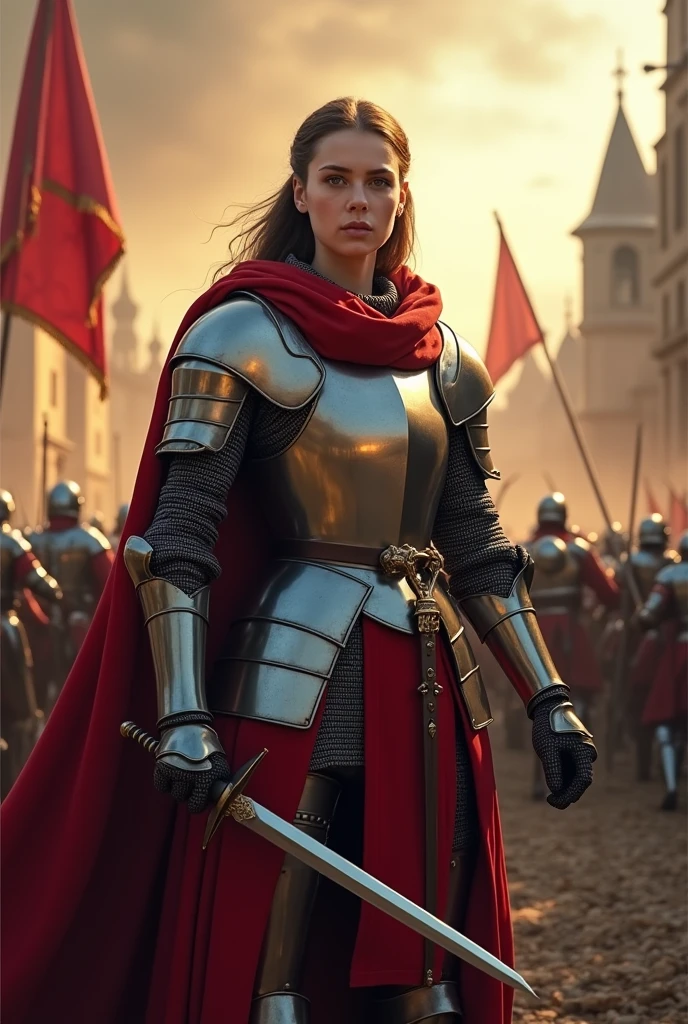 "Create a highly detailed portrait of Joan of Arc, a young woman in full medieval armor, standing confidently with a sword in hand. She is depicted leading an army on the battlefield, with the backdrop of a medieval French town under siege. Her face exudes both strength and determination, while rays of light subtly surround her, symbolizing her divine visions. The scene captures the dramatic tension of battle, with banners fluttering and soldiers in the midst of combat, all set in the 15th century medieval France during the Hundred Years' War." Documentary style