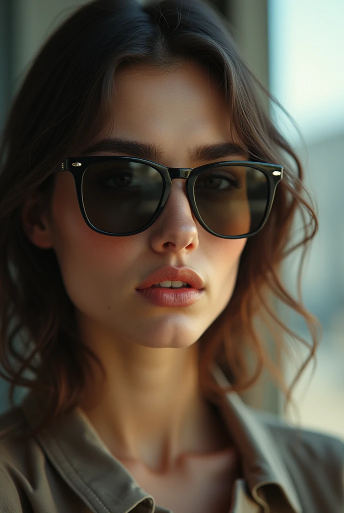 The model is wearing glass sunglasses, and she has peed herself