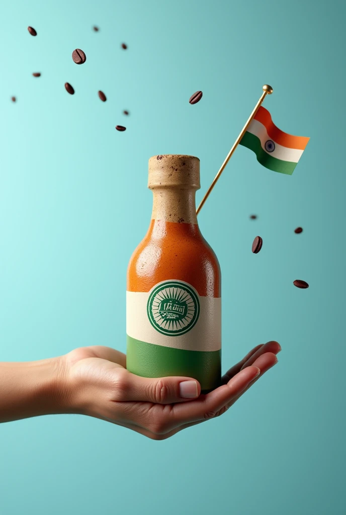A coffee craftfry bottle with has round logo in middle named Tsunami. holding an Indian flag in hand for Independence Day With sky blue tone