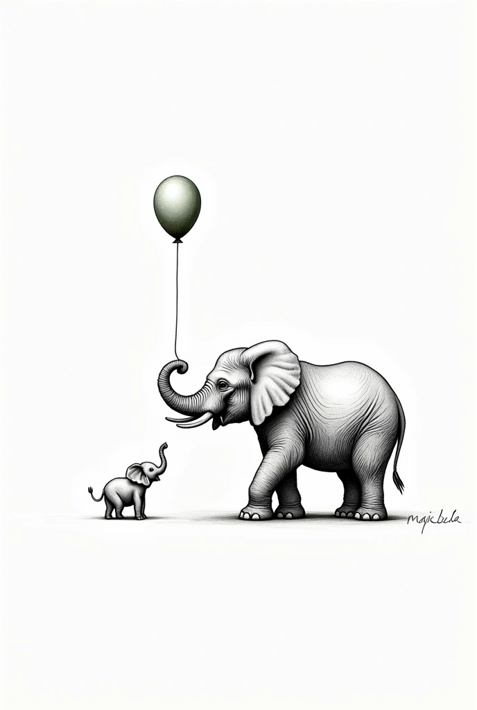 I want a black and white drawing with thin lines of a mother elephant watching her baby elephant fly holding a balloon
