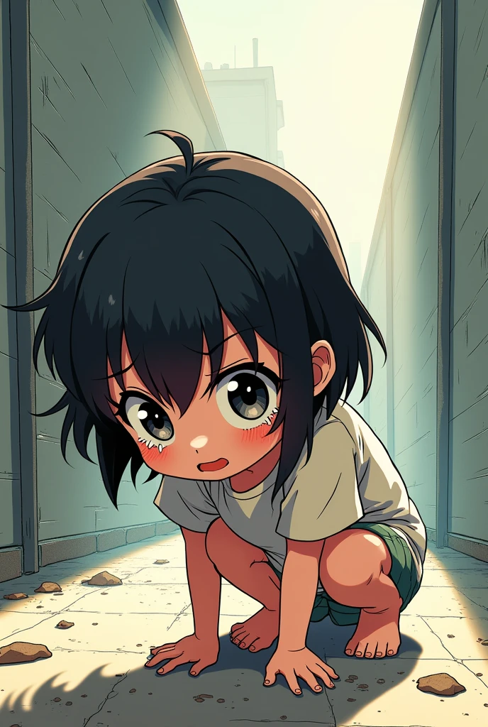 A manga-style cute figure on all fours, looking down and crying out, viewed from a low angle looking up.