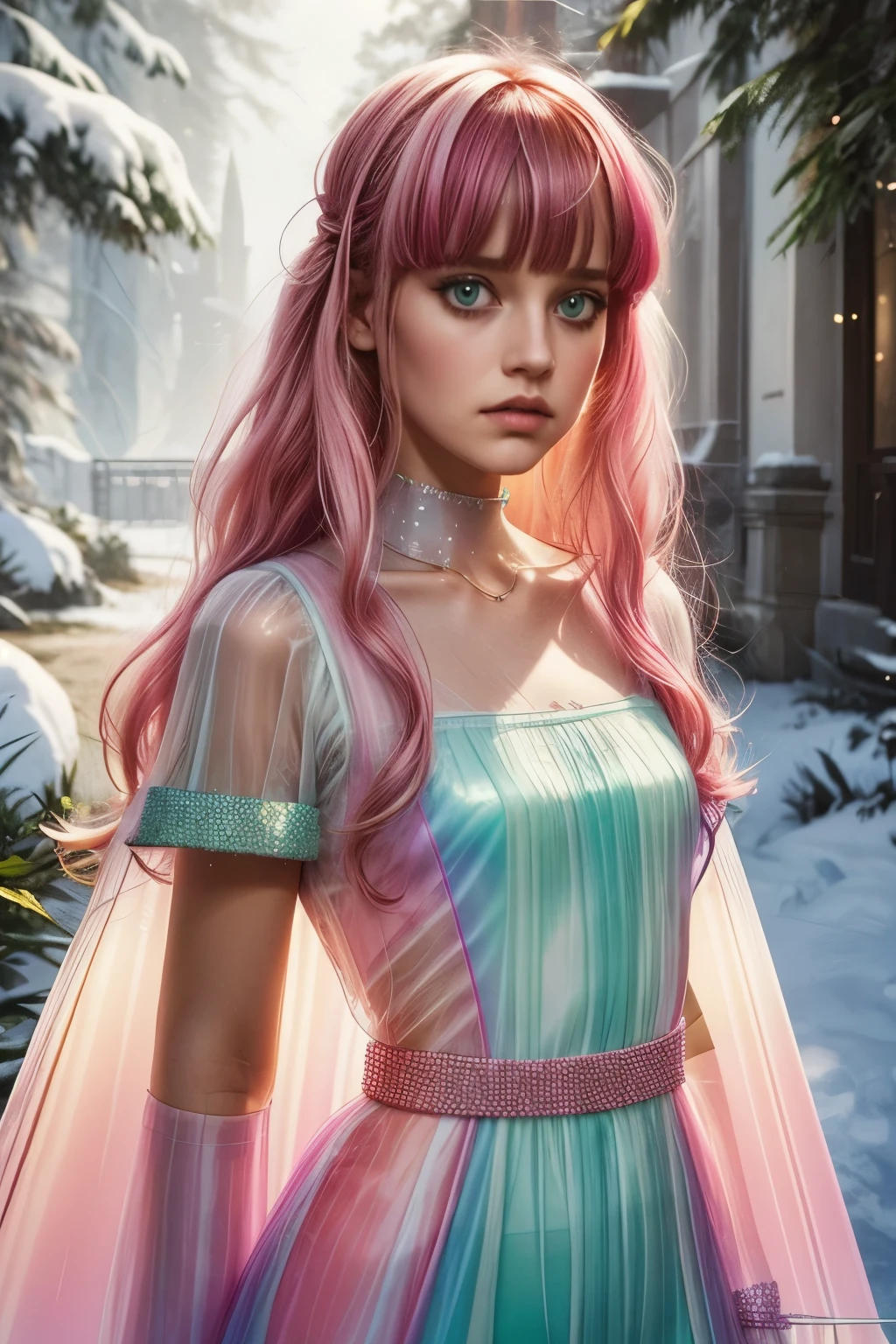 (fluorescent colors:1.4),(translucent:1.4),(retro filters:1.4), (fantasy:1.4), candy world Disney land ethereal soft fluffy soft landscape forest snowavatar Pastel pink sky green blue sparkle ethereal light pastel whimsical light rainbow stars diamonds sparkle gemstone background hyper realistic Ultra quality cinematic lighting immense detail Full hd painting Well lit,diagonal bangs,, collared dress,on side, masterpiece, best quality,realskin,(portrait:1.5), 1girl, blunt bangs, long hair