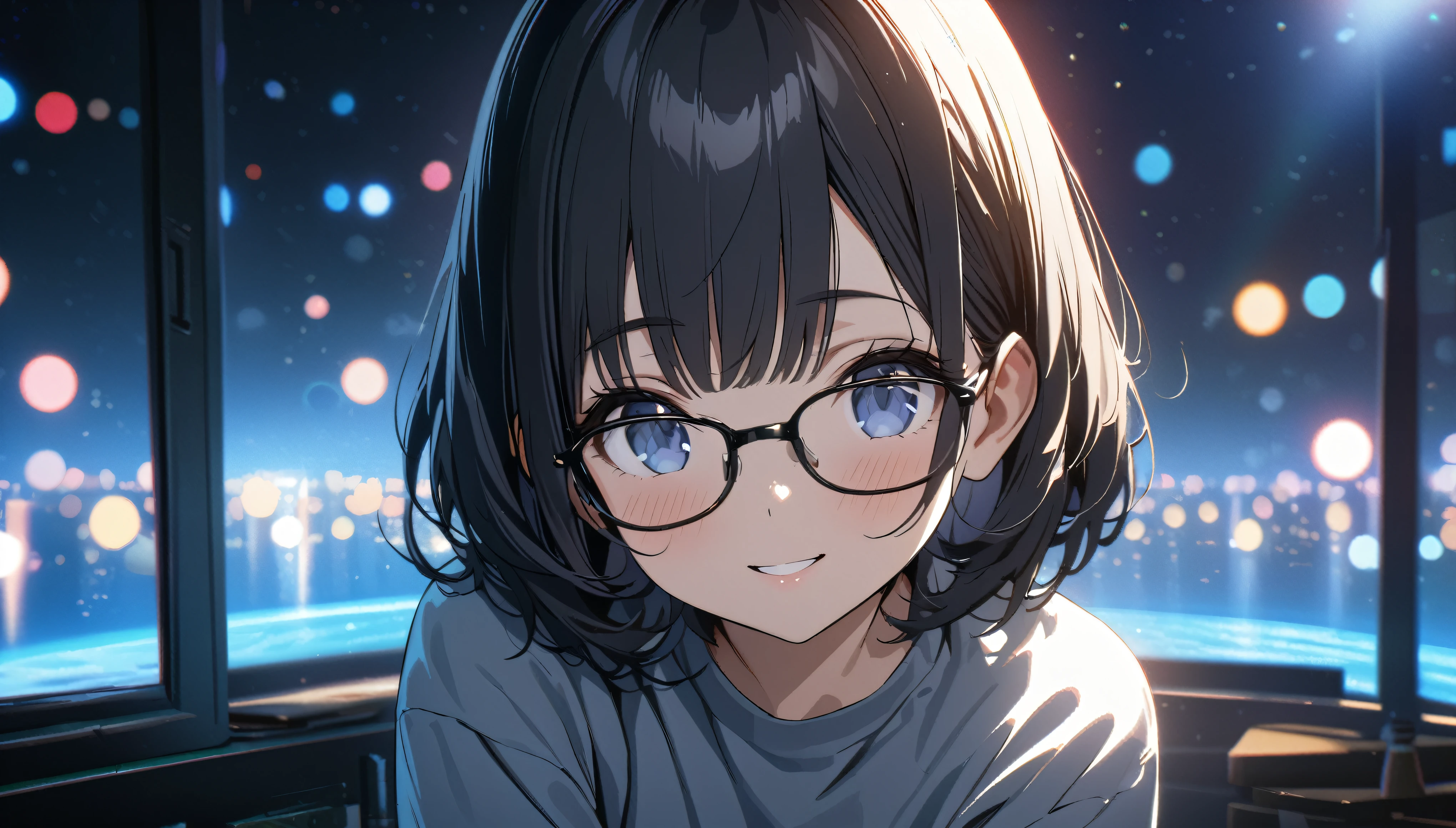 ((ultra-detailed))/(one women with short black hair and bob hair.、beautiful blue eyes,.、smile、gentle smile on her face、flat chest, one Beautiful girl,((masterpiece, illustration, best quality) ((ultra-detailed))/),「In a quiet library at night,The character with glasses, wearing a sweatshirt 。,濃い青とBeautiful Blueのグラデーション, High resolution, 8K HD detail, hyper-detail, cinematic, surrealism, soft light, deep field focus bokeh, ray tracing and surrealism. --v6'