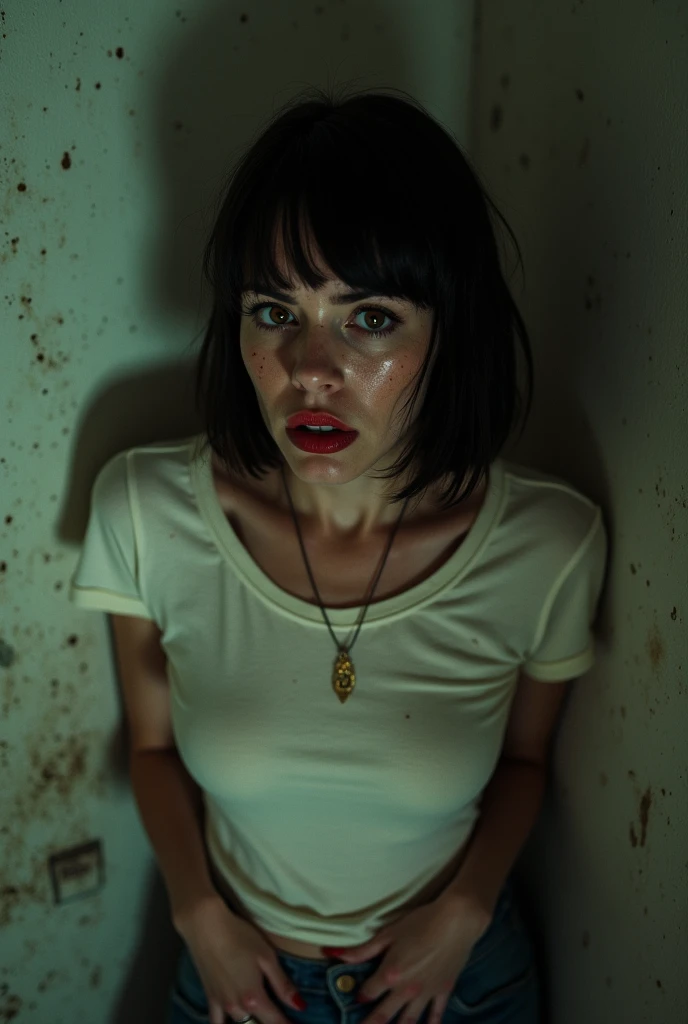 70s setting, grainy film, ultra-detailed, realistic, wallpaper, disheveled, trembles, sexual exhausted, cornered, hard breath, bob cut, sexual tension, loosing control, sexy despair, sweat, desperation, tremor, t-shirt, void, abstract, freckles, red lips, noir