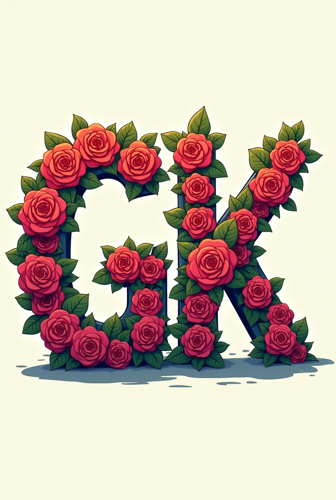 Drawing with words "G e K" wrapped in a crown of cartoonish roses in 2D with vibrant colors