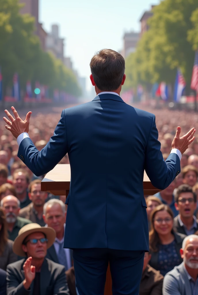 A crowd of people listening to a politician dressed in a blue suit.