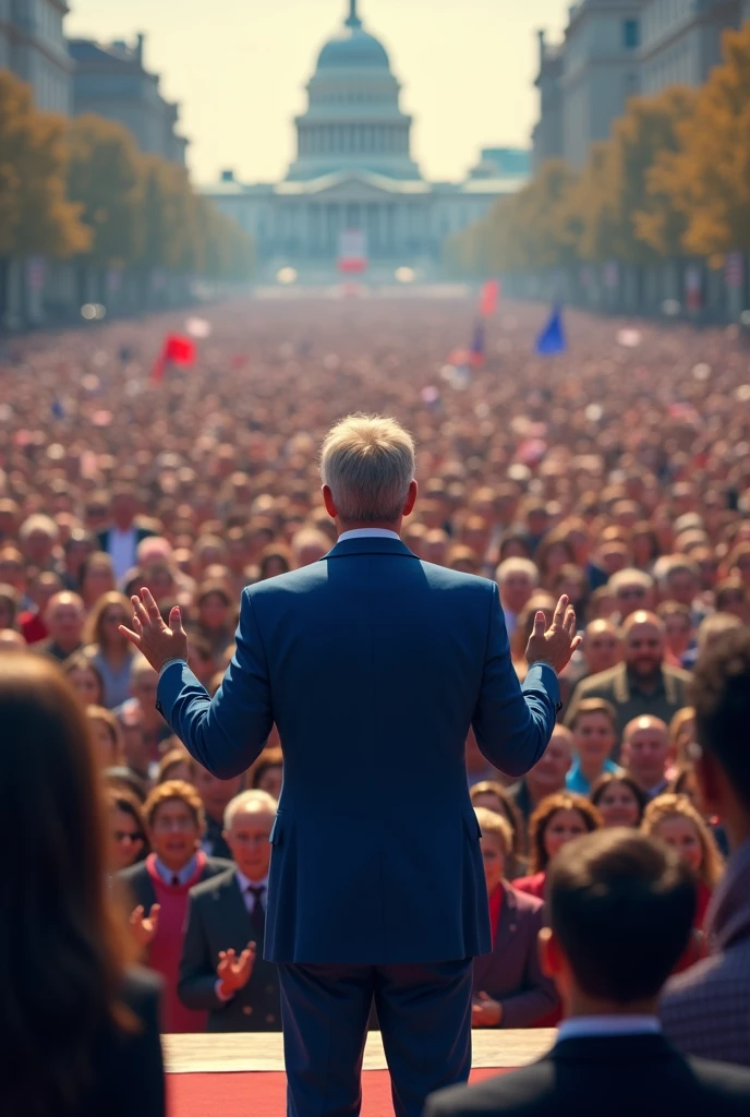 A crowd of people listening to a politician dressed in a blue suit.