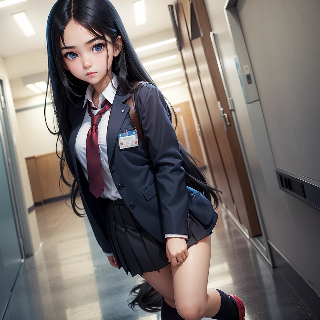 A cute and young female student with black long hair and blue eyes and a school uniform in a school hallway
