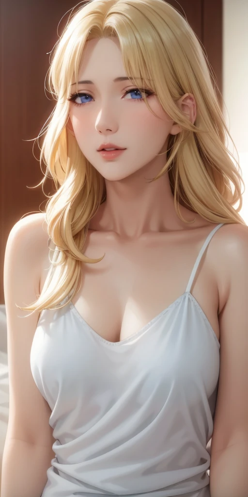 Elegant mature female, milf, blonde hair, blue eyes, soft light, high quality, high detailed, 4k resolution, beautiful cg
