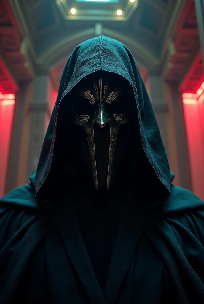 Make an image of Lord Fate masked face to face in a room similar to Palpatine&#39;s with LEDs and neom in the corners. From the environment close-up photo