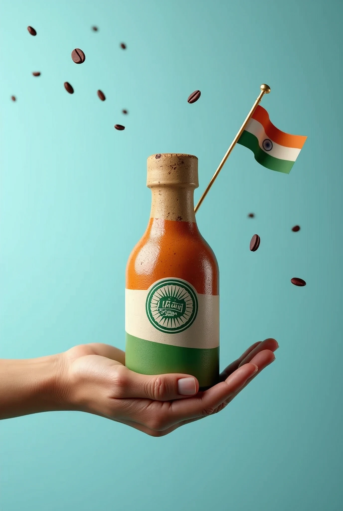 A coffee craftfry bottle with has round logo in middle named Tsunami. holding an Indian flag in hand for Independence Day With sky blue tone