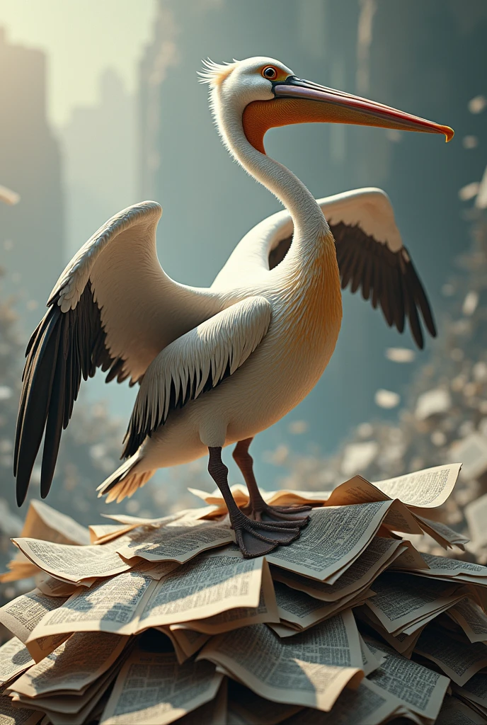 Pelican with a newspaper on its wing above many newspapers 