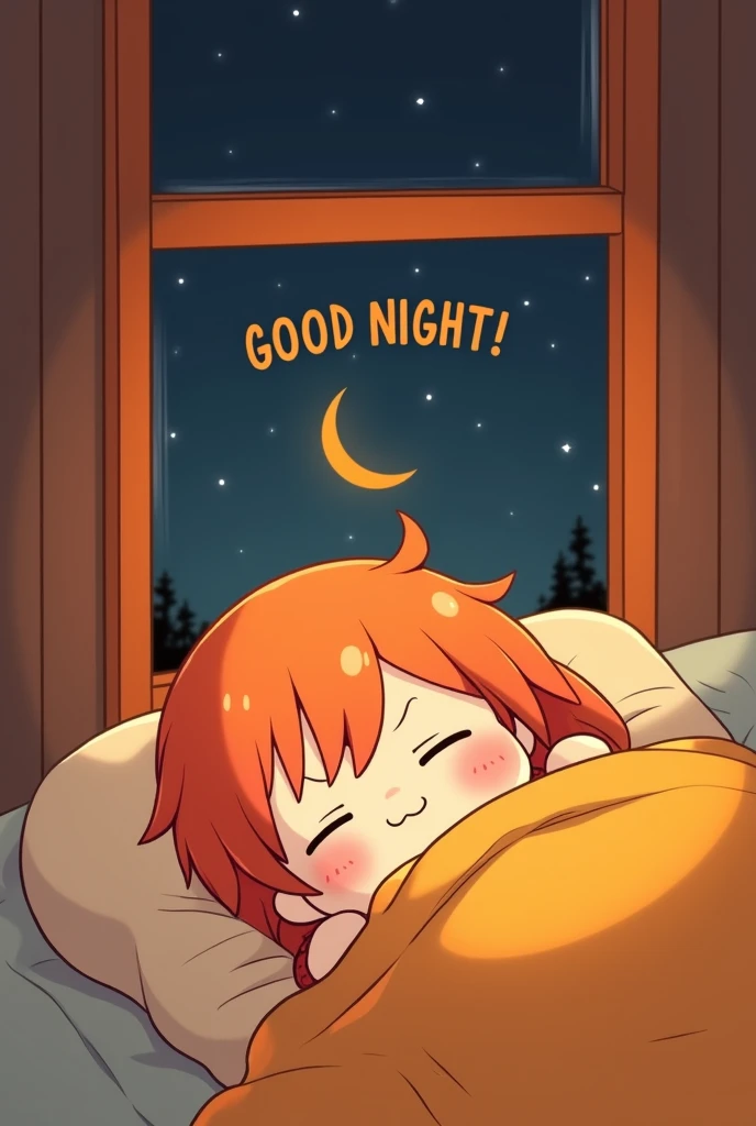 chubby anime character, lovely, trong trang phục orange color, tóc orange color đậm, đang nằm đắp chiếc chăn orange color, next to the window frame, có vầng trăng khuyết orange color trong khung cửa sổ, above the head is the inscription "GOOD NIGHT!" orange color