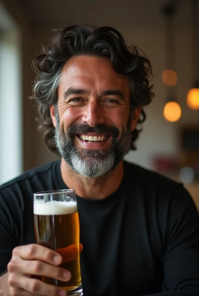 a dark-haired man of 39 years old, with dark hair, a bearded man, eyes black, black jersey, with a glass of beer in his right hand, happy face, be standing, focus on the beer glass.