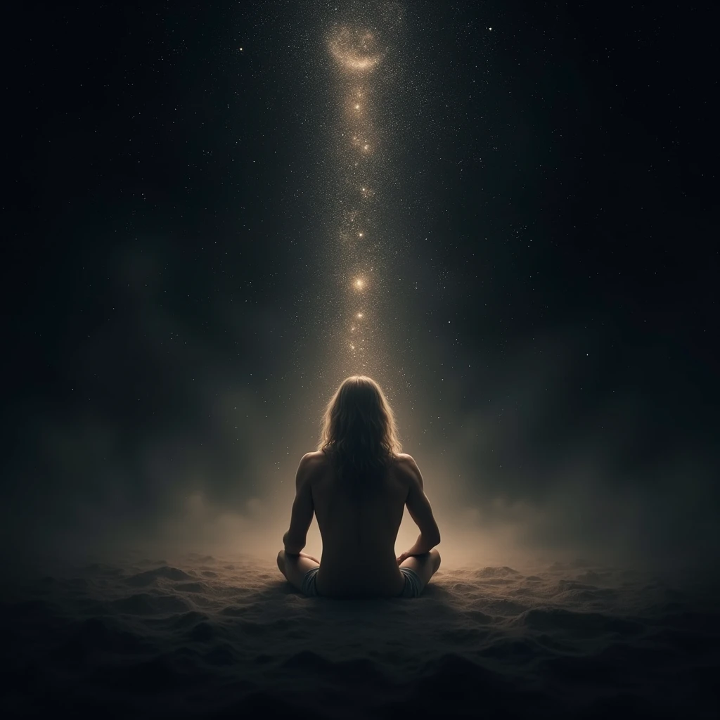 The black cosmos, A man with long hair reaching his shoulders, sitting with his back to us, far away, is radiating light, and he is shirtless., only darkness and the twinkling of incomprehensible space objects surround him