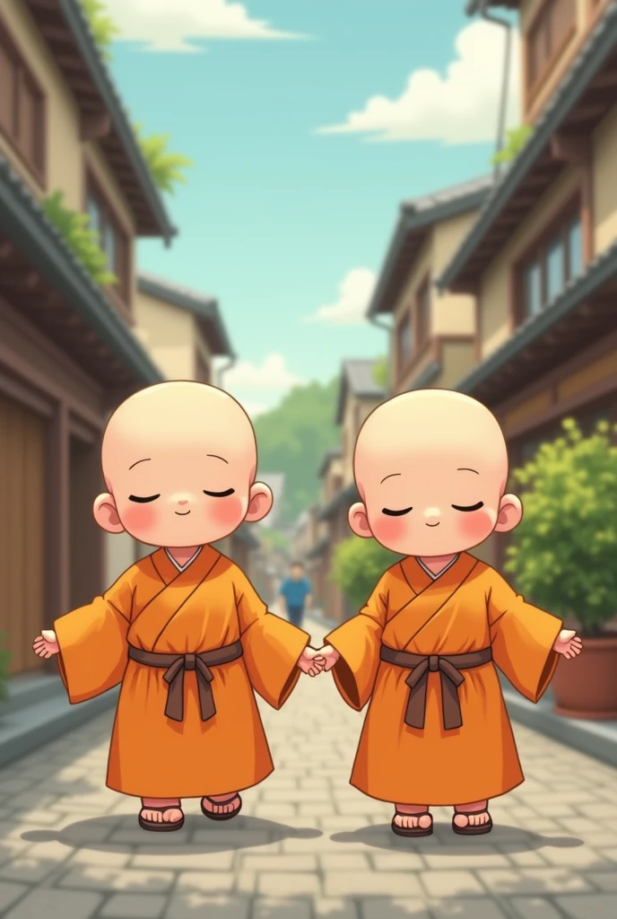 cute little people, closed eyes japanese, Grinning, with glasses , walking down the street alone, wearing the orange monk's robe and brown belt, baldie.