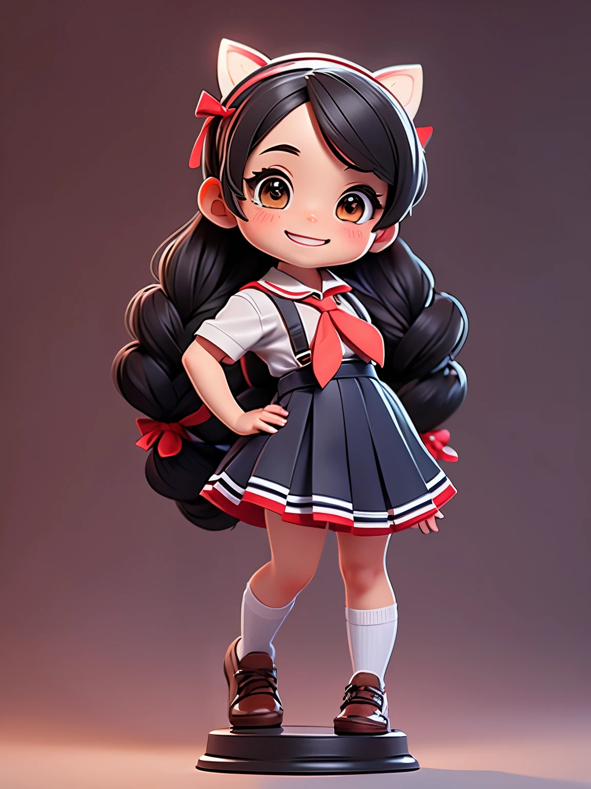 tạo hình ảnh cô gái cutecore này:
1. **Tóc**: Tóc đen, buộc thành hai chùm, mỗi chùm có cột nơ hồng.
2. **Mắt**: Đôi mắt đen, trông rất dễ thương.
3. **Trang phục**: Áo cardigan màu hồng với cột nơ vàng ở cổ áo. Váy ngắn màu vàng.
4. **Phụ kiện**: Mang leg warmer và giày dolly màu đen.