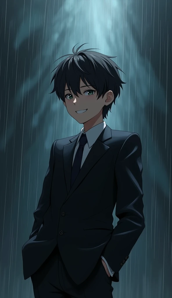 An anime  boy wearing black suit with a happy expression on the outside, yet his inner sadness is reflected in a dark, depressive background, with shadows swirling behind him, symbolizing his hidden struggle amidst a facade of joy. In the rain