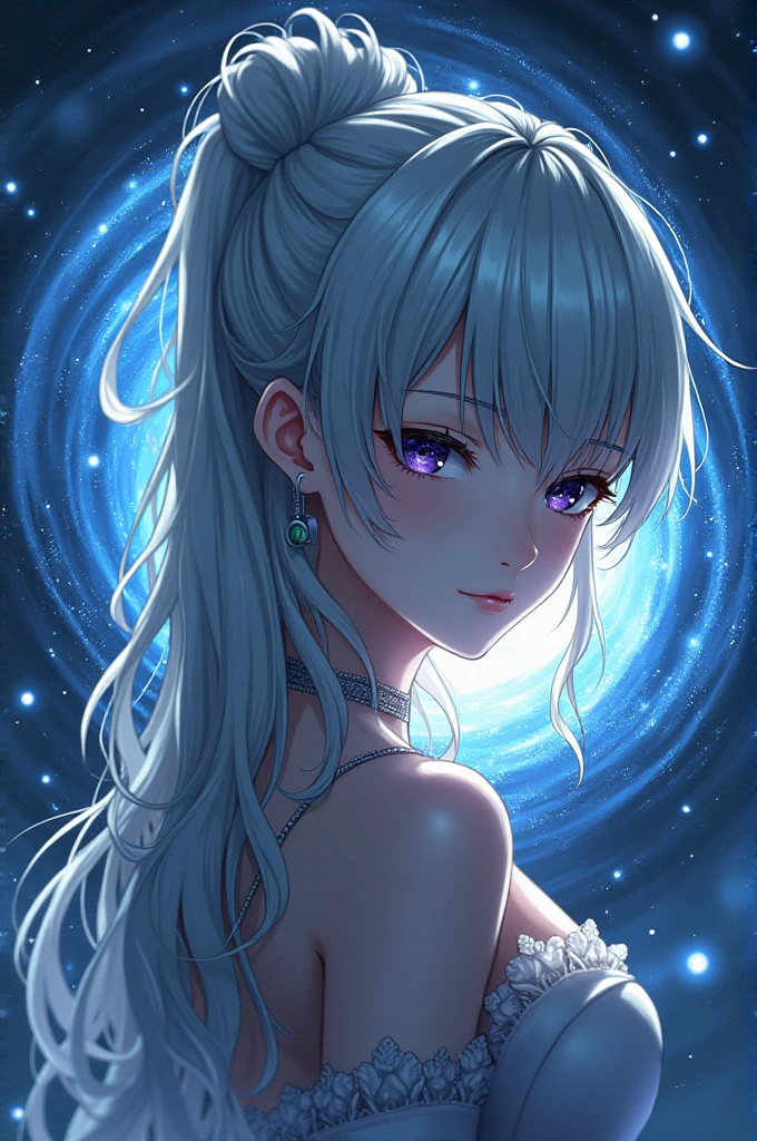An anime girl representing a black hole with a black hole background