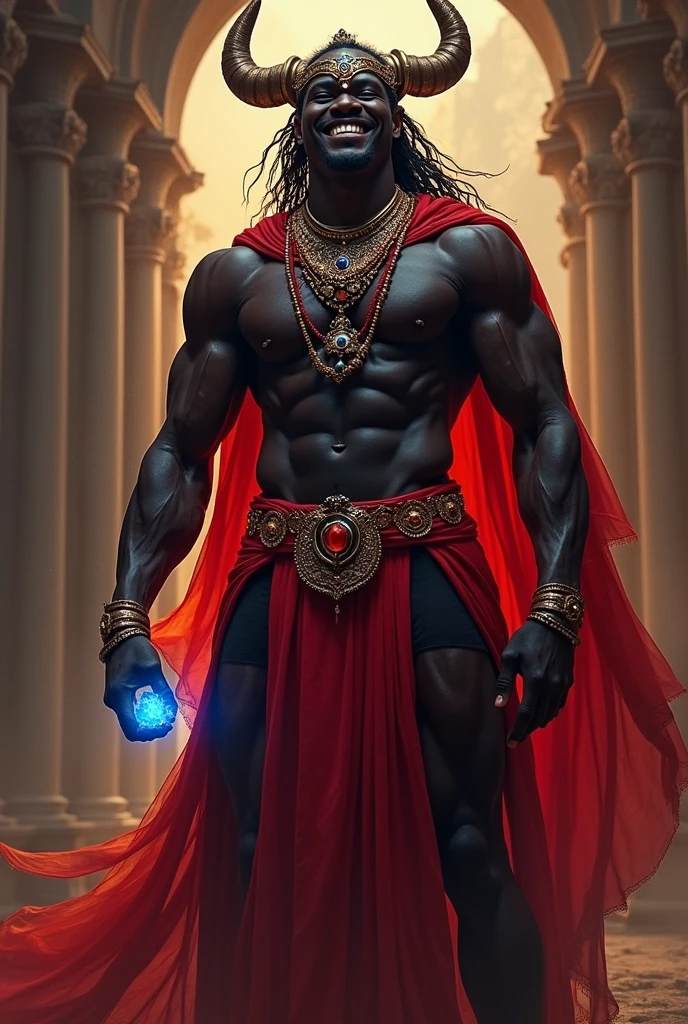Orixa Exu, strong and smiling widely, holding a Sapphire. ! A sensual black man dressed in red and black