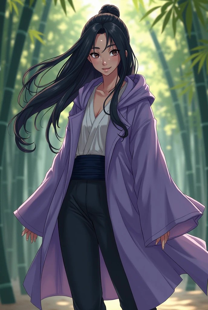 A young woman of approximately 20 years old, with long dark hair and pearly eyes that reflect serenity and determination. Your skin is clear and smooth, and she has a slim, athletic figure. Hinata wears a traditional ninja outfit with a lilac hooded coat, a knitted shirt underneath, dark pants and ninja sandals. Your posture is graceful and firm, reflecting his gentle nature, but also her inner strength and skill as a kunoichi. The setting could include a bamboo forest or a training environment., highlighting his connection to the ninja world and his determination to protect those he loves. sexly