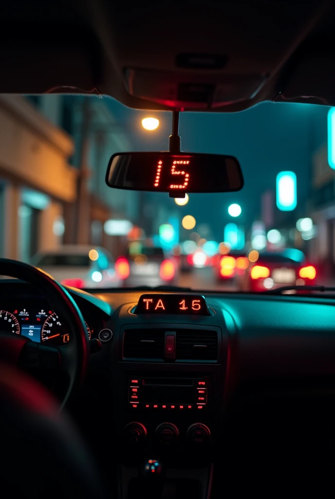 Internal cabin of a taxi without people with the taximeter showing a value of 10 on its red displays:15 and it has a nighttime background in a Latin American country and it has the look of a photo taken by a high-end cell phone
