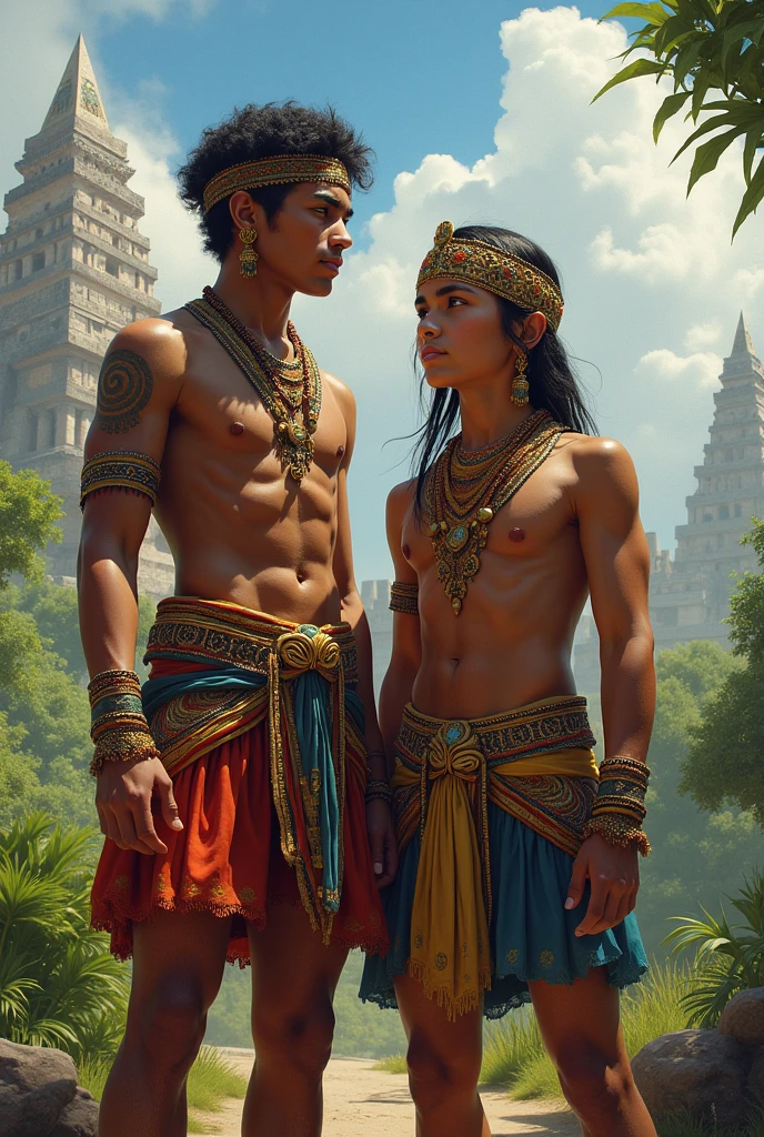 Create an image writing story title, and an image of the Aztec people below with the names below the image Gabriel and David 7th grade