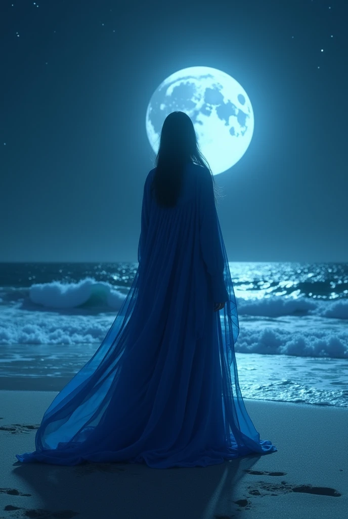 faceless gypsy in blue clothes on the beach at night in the moonlight dead