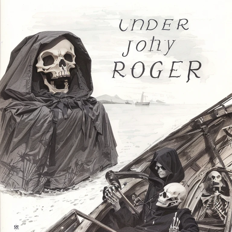 drawing of a person in a sweatshirt and a skeleton in a boat, Jørgen Rød, inspired by Tomi Ungerer, cover, by Dean Roger, Punk Grim Reaper, by Holger Rode, inspired Jørgen Rød, inspired by Holger Rode, cover комикса, cover комикса, cover illustration, fan art